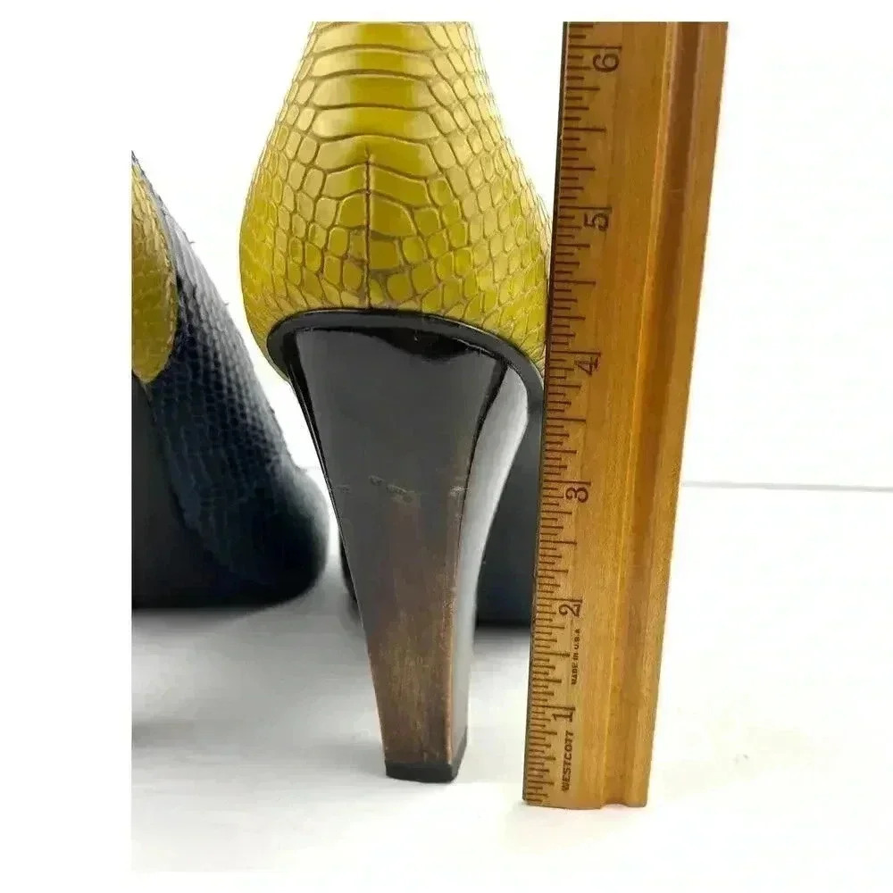 Wooden Heels‎ Pumps Blue Yellow Snake Style 10 7 For All Mankind Women's Leather - Picture 4 of 13